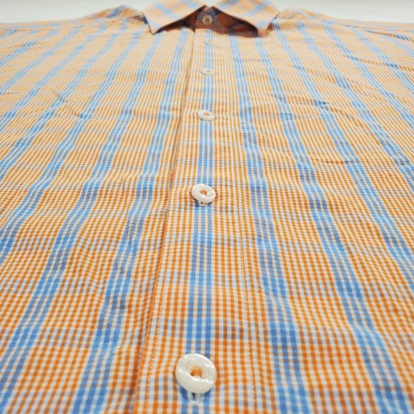 Johnston Murphy Shirt Men Medium Orange Blue Check Regular Fit Casual Button Up - Picture 4 of 14